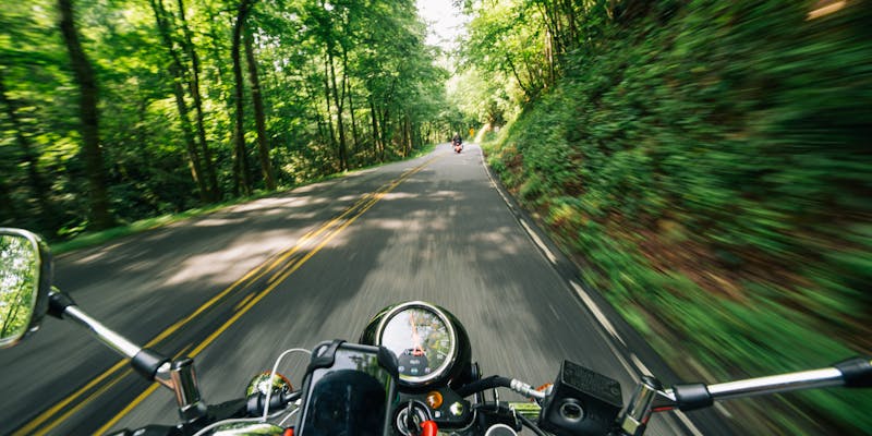 Vue à la première personne depuis une moto sur une route bordée d’arbres
